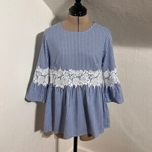 Cottagecore Blue Stripe Lace Babydoll Tunic Top Small Boutique Style